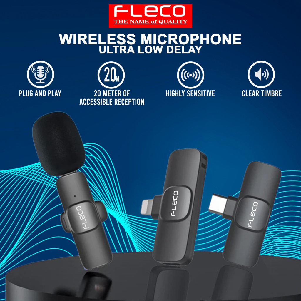 Jual Microphone Portable Wireless Lavalier Mic Iphone TypeC Double Microphone FLECO Original Y8