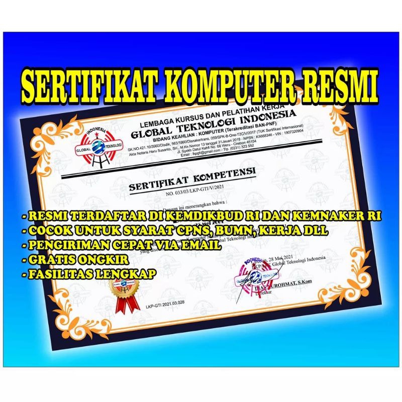 Jual SERTIFIKAT KOMPUTER RESMI TERDAFTAR DI KEMENDIKBUD RI | Shopee ...