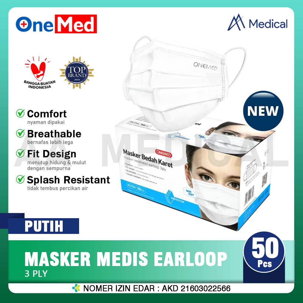 Jual ONEMED Masker Medis Earloop Surgical Mask Putih 3 Ply Box Isi 50 ...