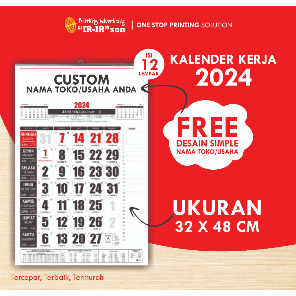 Jual KALENDER KERJA 2024 DENGAN SABLON KALENDER 12 BULAN KALENDER
