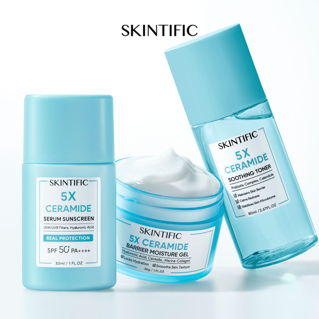 SKINTIFIC 5X Ceramide Barrier 3PCS Set 5X Ceramide Serum Sunscreen set Moisturizer Cream + Sunscreen + Soothing Toner Skin Barrier for All Skin Types Day and Night Skincare Packet