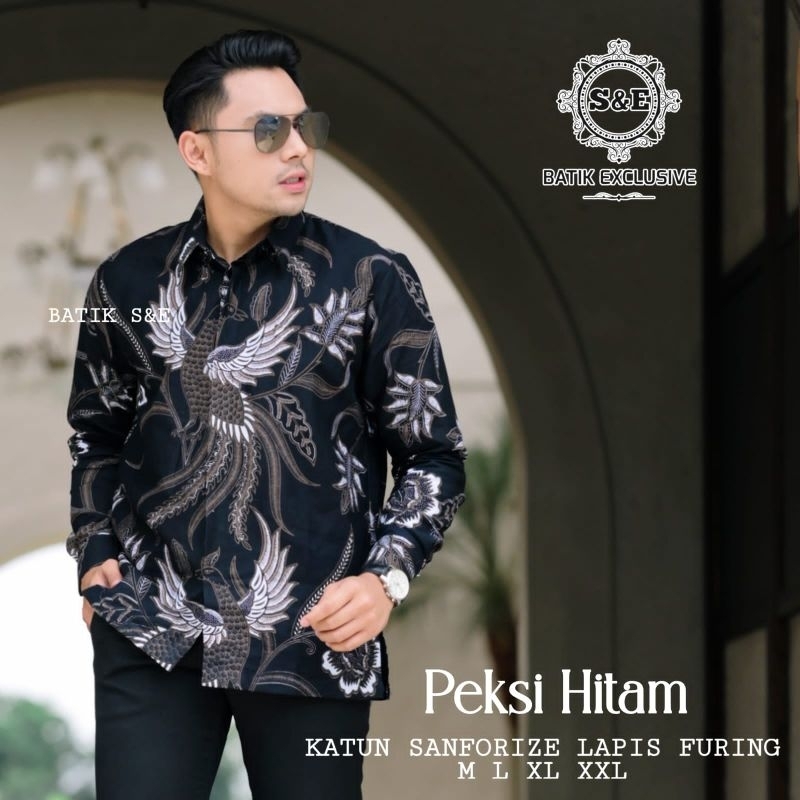 Jual Batik Kemeja Pria Lengan Panjang Peksi Hitam M L XL XXL Original