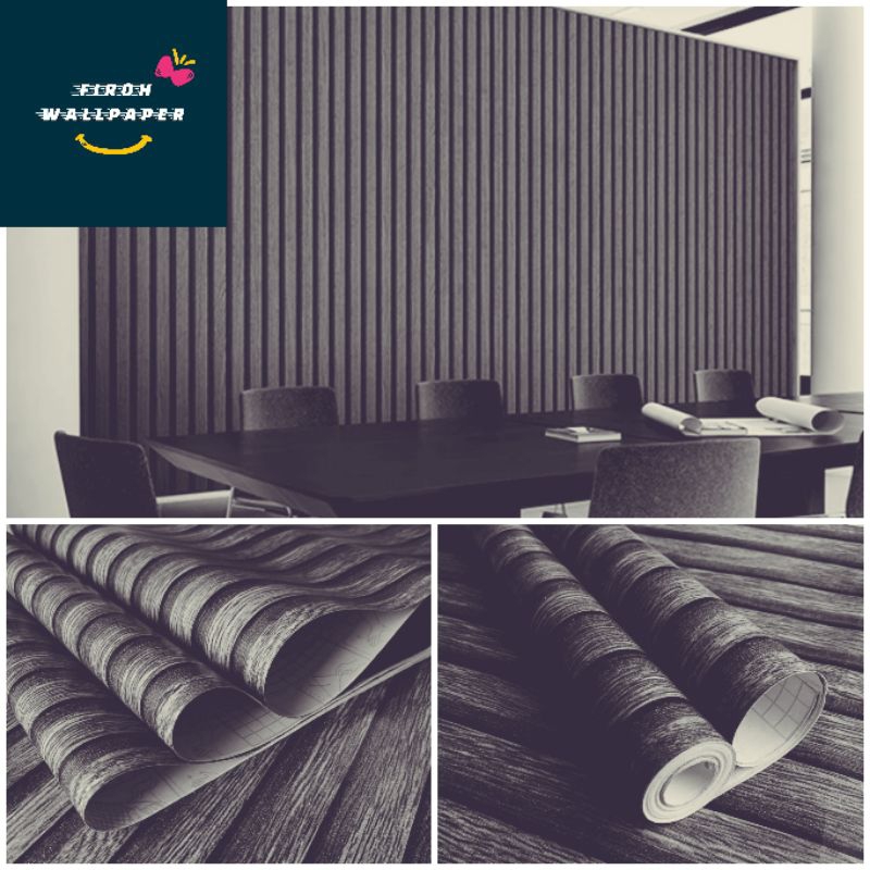 Jual wallpaper stiker dinding kayu hitam panel ruang tamu elengan