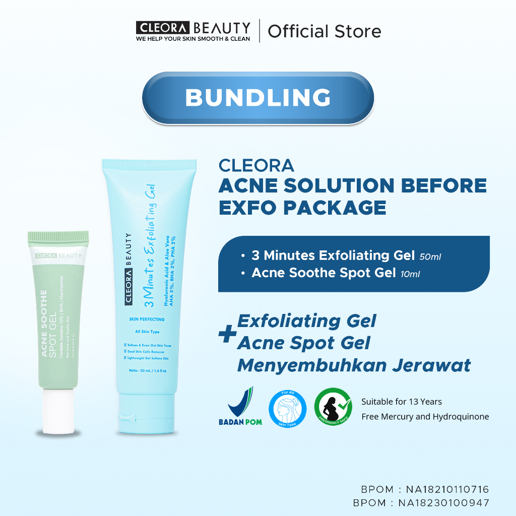 Jual Cleora Acne Solution Before After Exfoliating Package Eksfoliasi Gel + Acne Spot Gel