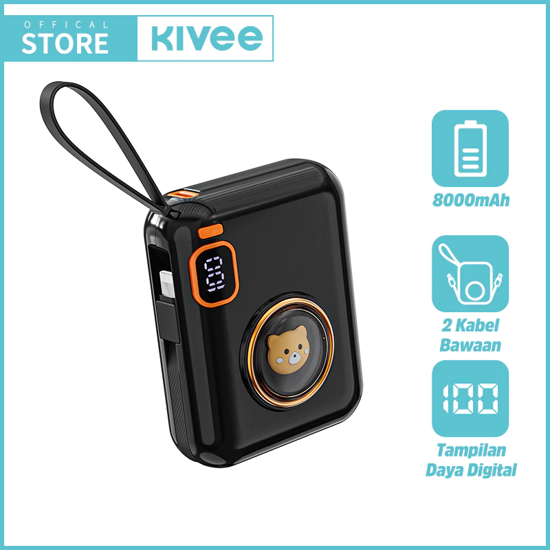 KIVEE Powerbank Mini Cute Portable Power bank Type C fast charging LCD With kabel data 2-in-1