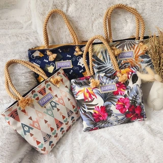 pouch kanvas tali kepang twill tempat kosmetik tali sumbu kepang motif beragam TWILL