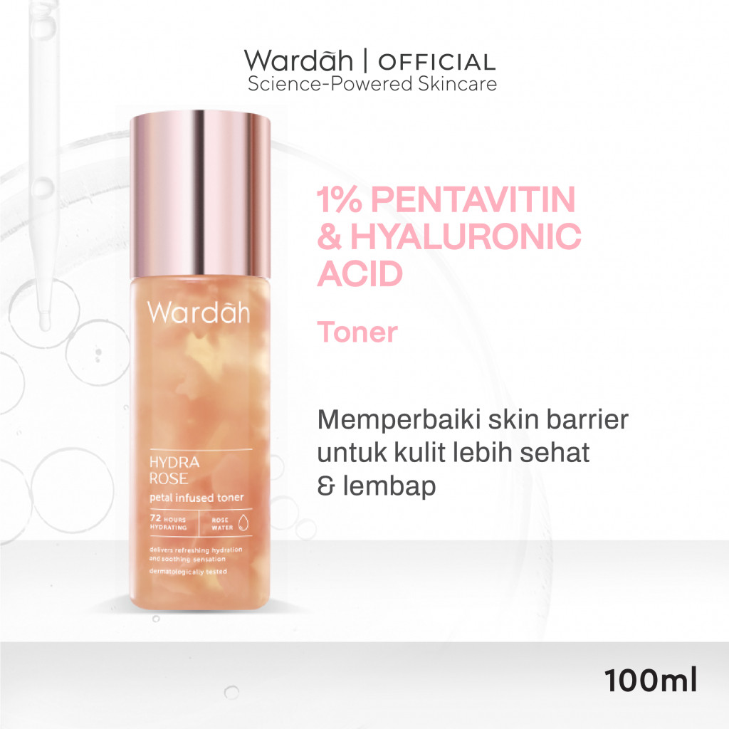 Wardah 1% Pentavitin + 93% Rose Water Hydra Rose Petal Infused Toner 100 ml - Hydrating Toner Kelopak Bunga Mawar Asli dan Air Mawar - Memperbaiki Skin Barrier - Kulit Lebih Sehat dan Lembap