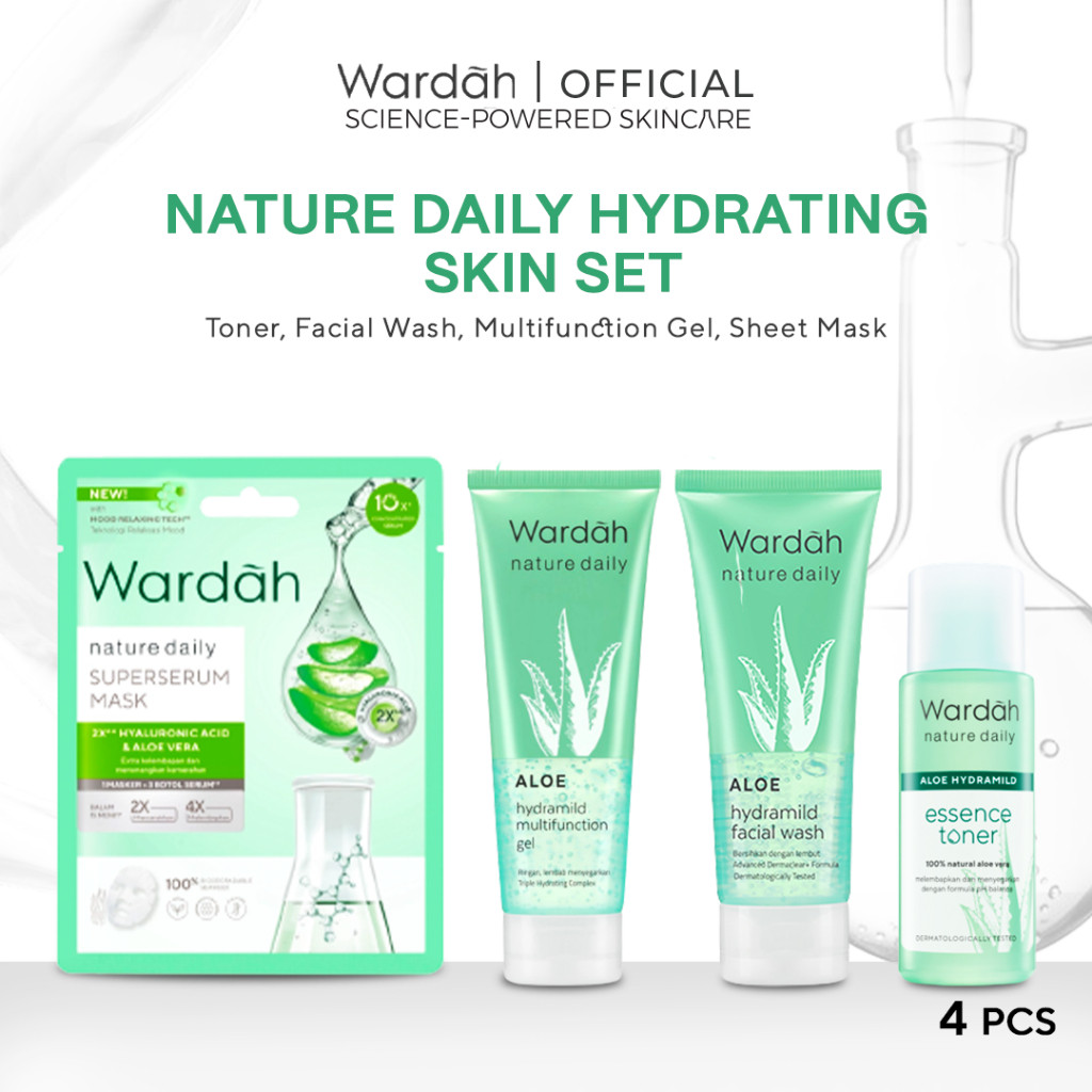 Wardah Nature Daily Aloe Vera Paket Lengkap Full Regime (Toner, Facial Wash, Multifunction Gel, Sheet Mask)