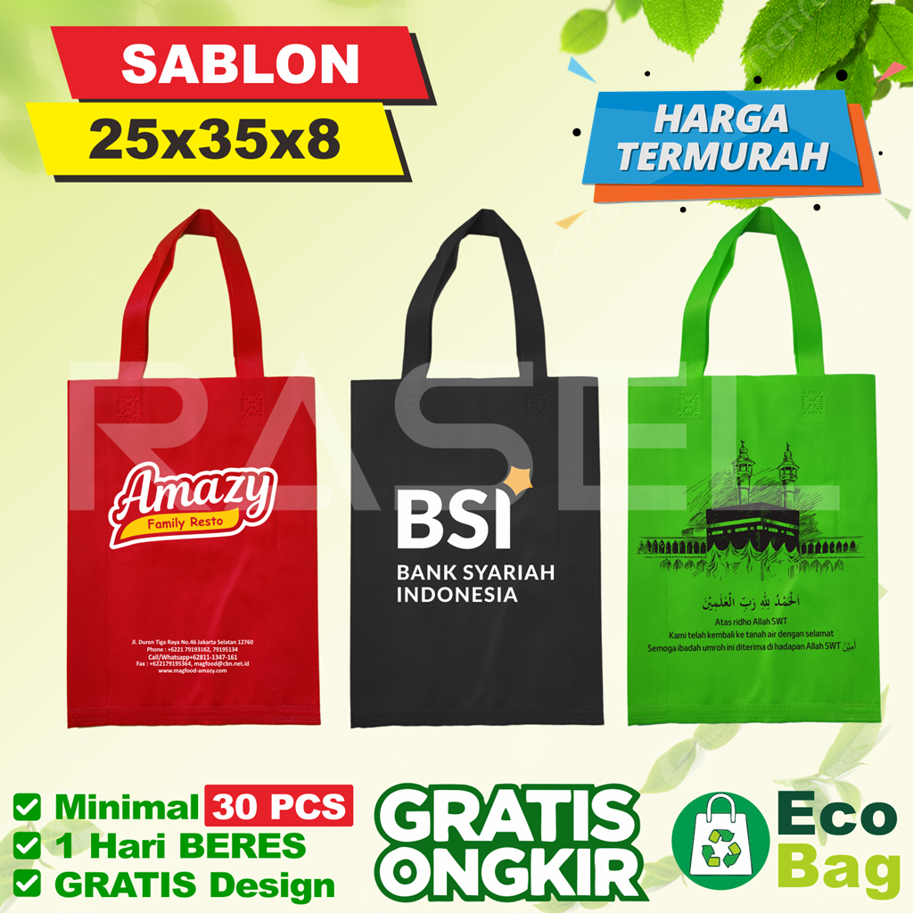 Sablon Goodie bag spunbond 25x35x8 sablon custom ulang tahun ultah acara tas  lipat Samping