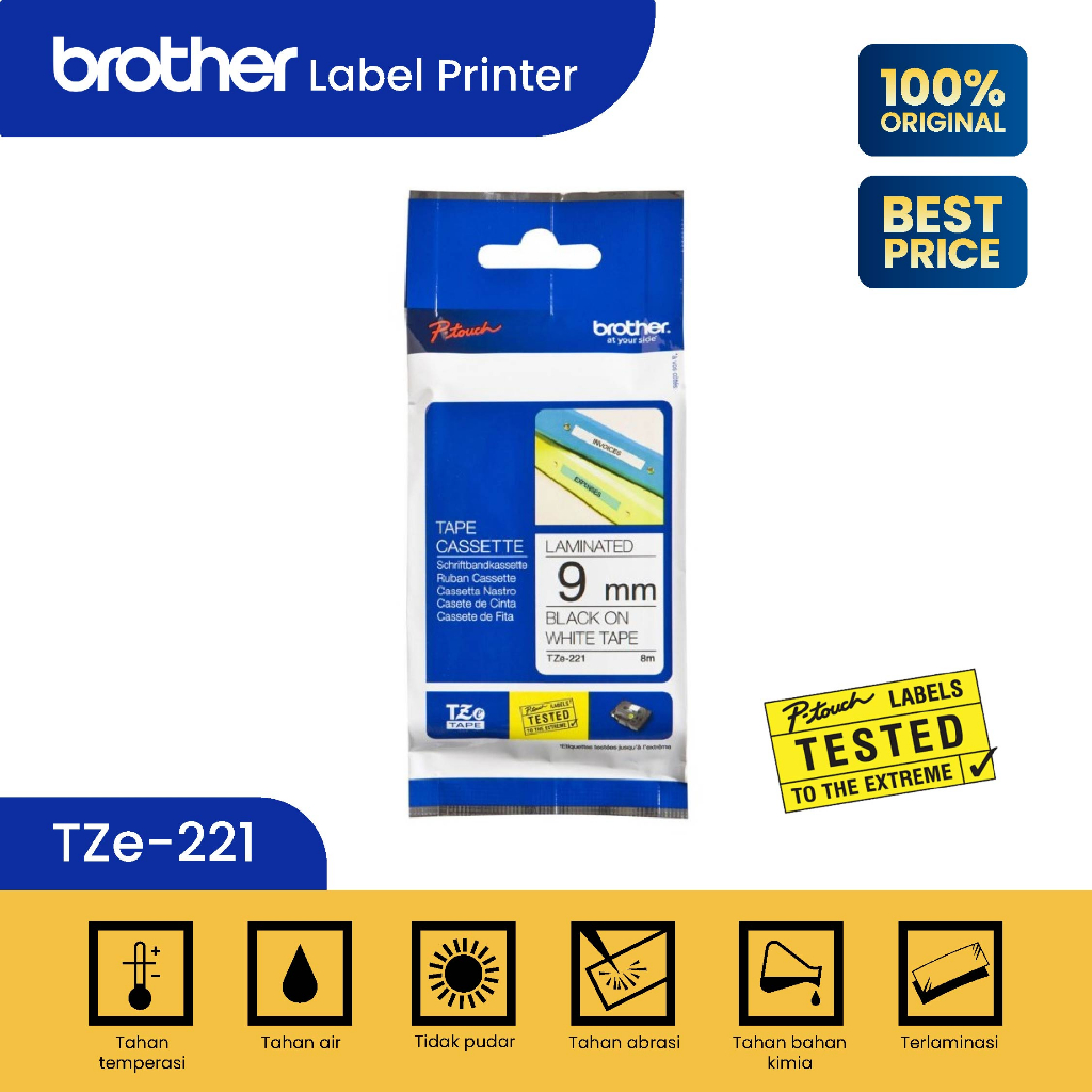 Jual Brother Label TZE221 9mm x 8m Black On White Laminated Tape