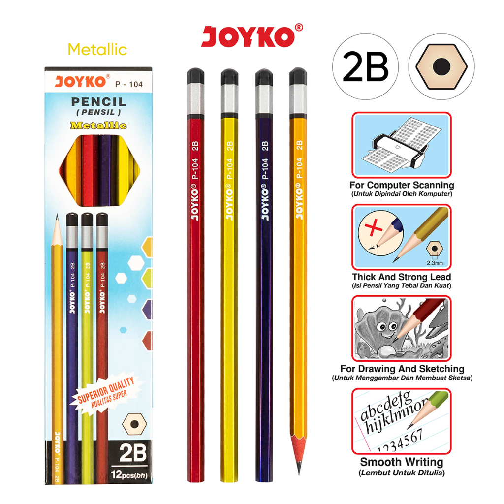 Jual PENSIL PENCIL TULIS KOMPUTER Joyko P-104 2B METALIC METALIK PENSIL ...