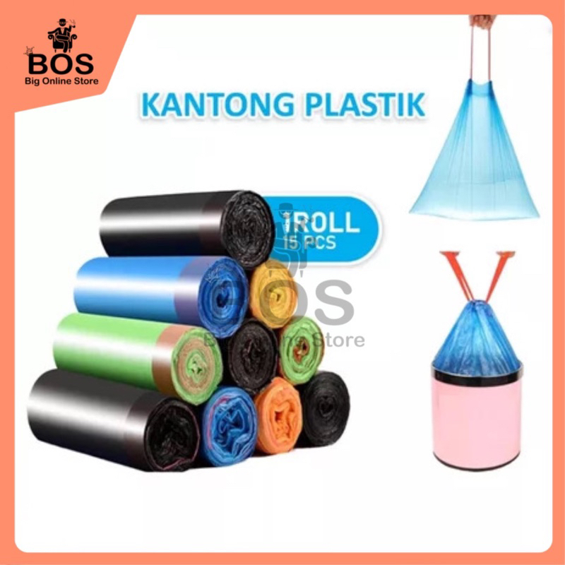 Jual Bos Kantong Sampah Tali 1 Roll Isi 15 Lembar Ukuran 45x50cm Plastik Sampah Gulung Roll 1678