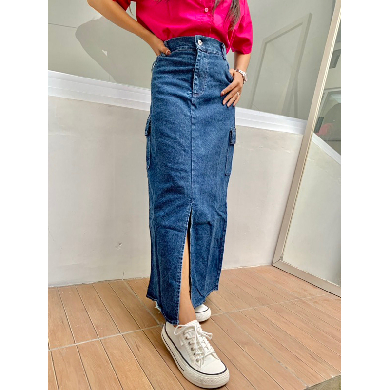 Jual Rok Jeans Cargo Panjang Wanita Belah Skirt Korean Style Kekinian ...