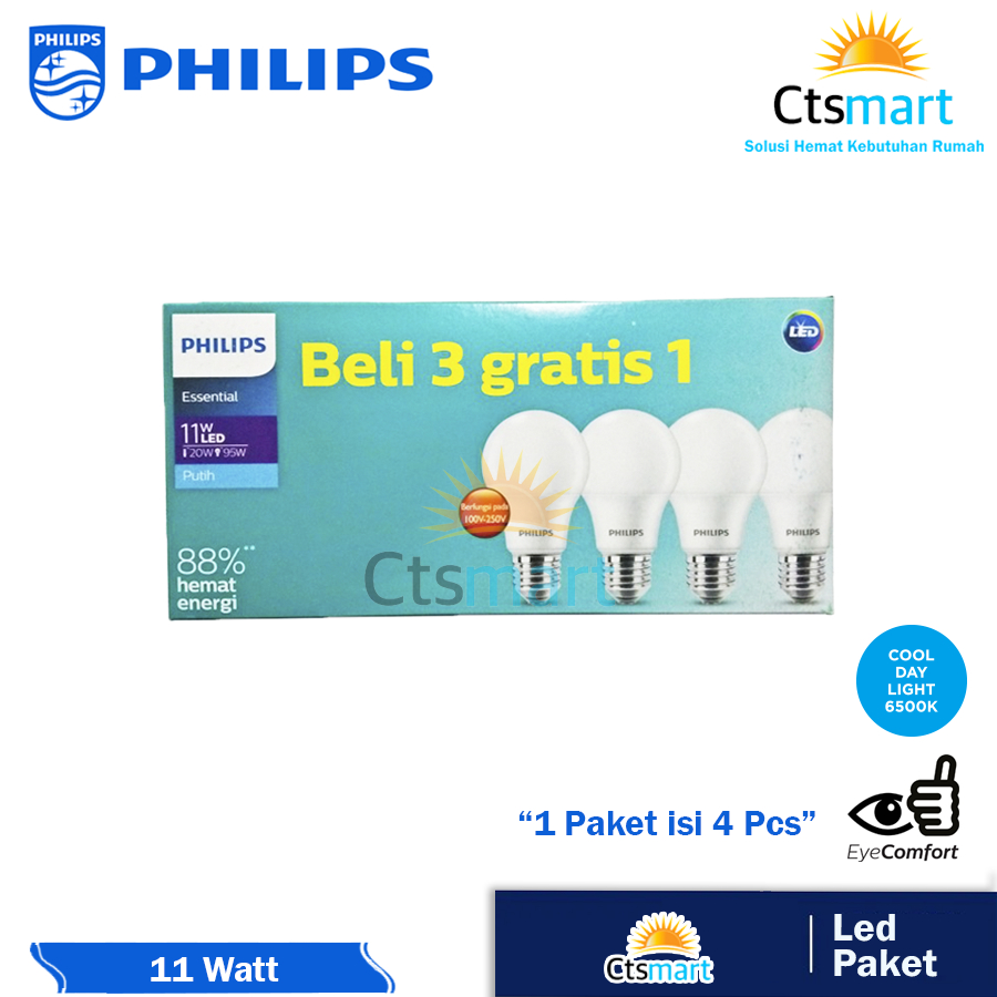 Jual Lampu Philips Essential Led 11W 6500K Putih - Paket 3 Gratis 1 ...