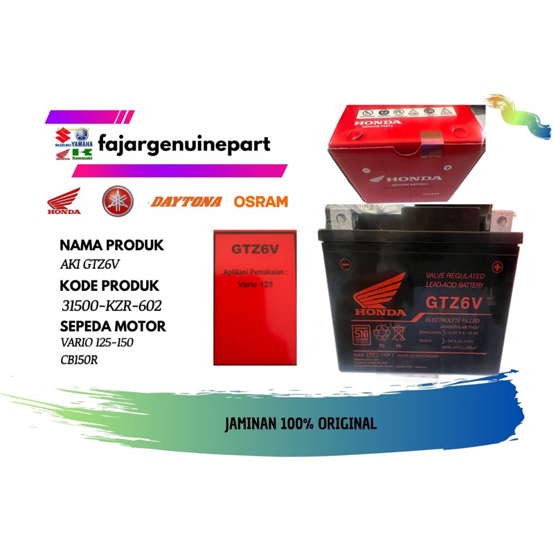 Jual AKI GTZ6V VARIO125-160 PCX150-160 CB150R 31500KZR602 AHM | Shopee