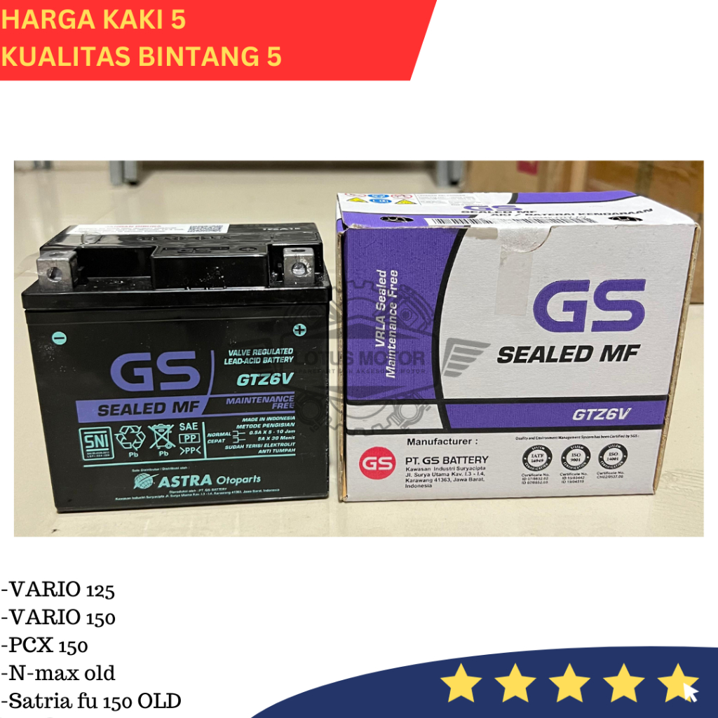 Jual Aki Motor Kering GS Astra GTZ6V MF 5 ampere Vario 125 150 Nmax
