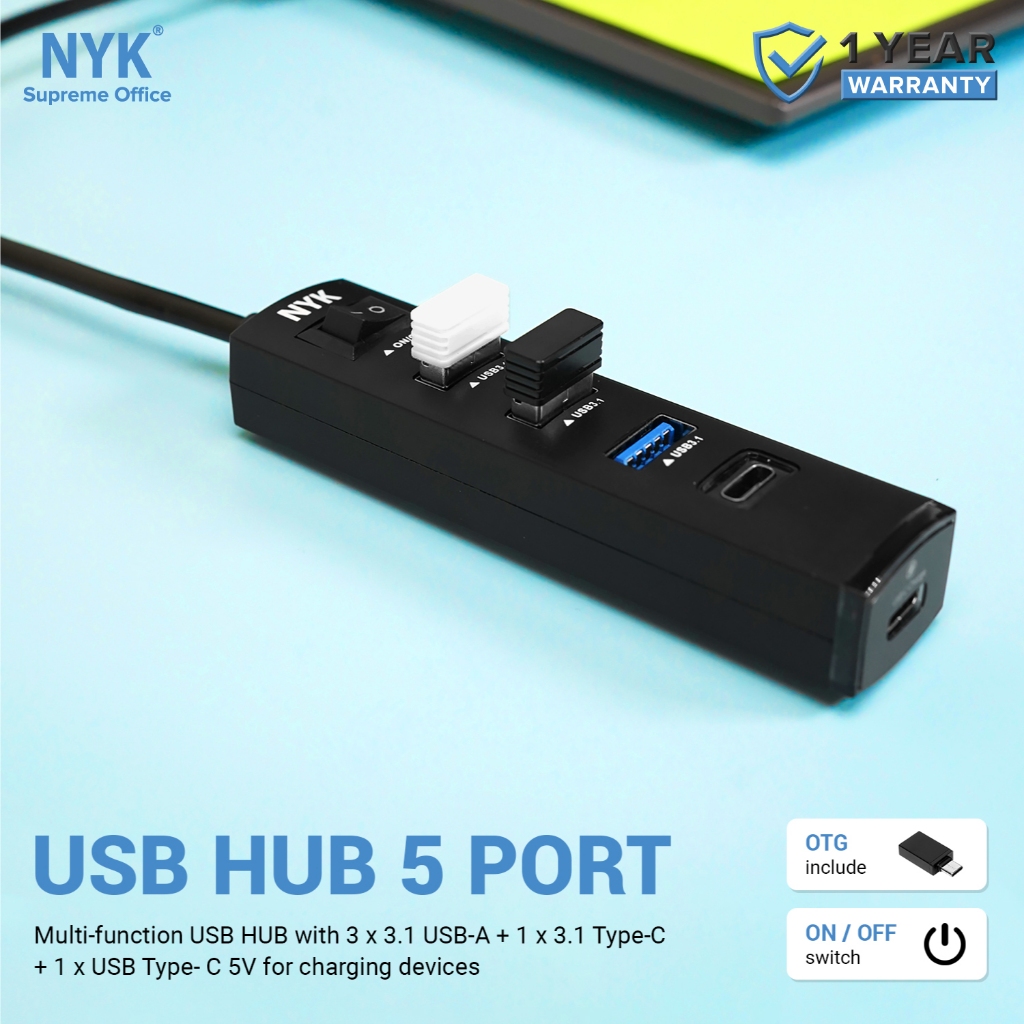 NYK USB Hub 5 Port Charge C 3.1 + OTG Type C Black COD HUB bergaransi Docking Station Data transfer Mobile phone macbook android iphone ipad tab MHL (3)