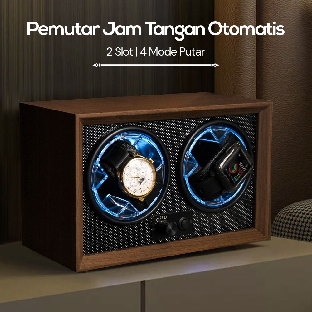 Jual Watch Winder Walnut Wood Pemutar Jam Tangan Otomatis 2 Slot