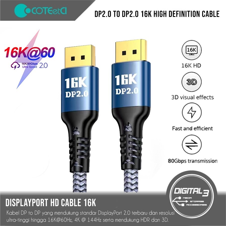 Jual COTECI Displayport to DP2.0 16K 60Hz HD Cable Video Audio ...