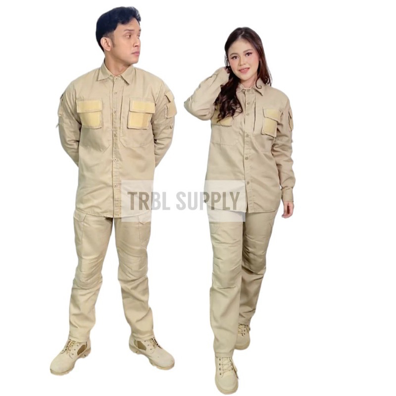 Jual Setelan Kemeja dan Celana Tactical CREAM KHAKI Outdoor Lapangan