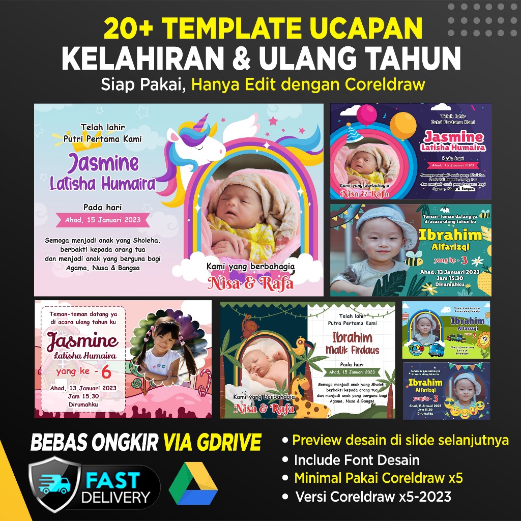 Jual Template Desain Kartu Ucapan Ulang Tahun dan Kelahiran Lucu