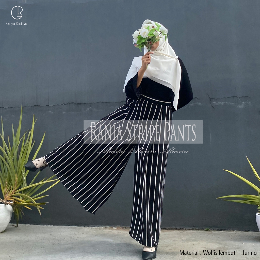 Jual Kulot Panjang Motif Salur Garis Rania Stripe Pants Hitam