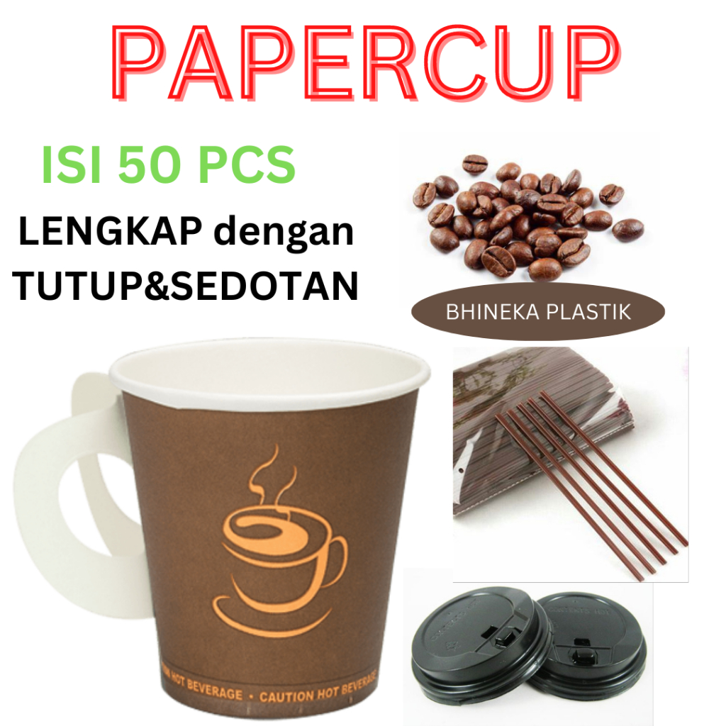 Jual PaperCup Kuping / Gelas kertas Gagang + Tutup + Sedotan (isi 50pcs ...