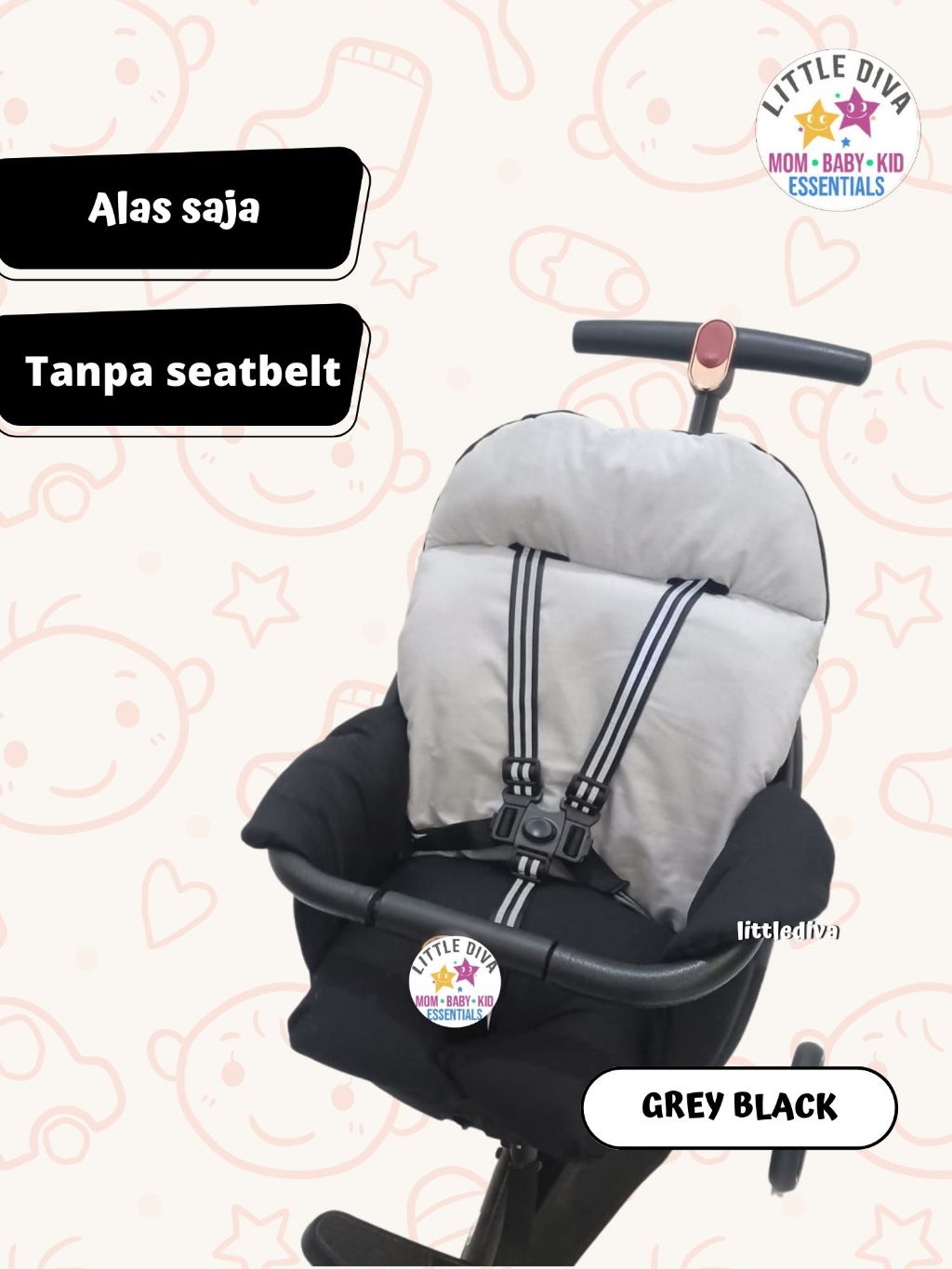 GREY BLACK ALAS STROLLER EGG 40 CM Motif TANPA TALI SEATBELT Bordir gambar Extra Front baby elle rider pmb exotic lw 003 lw003