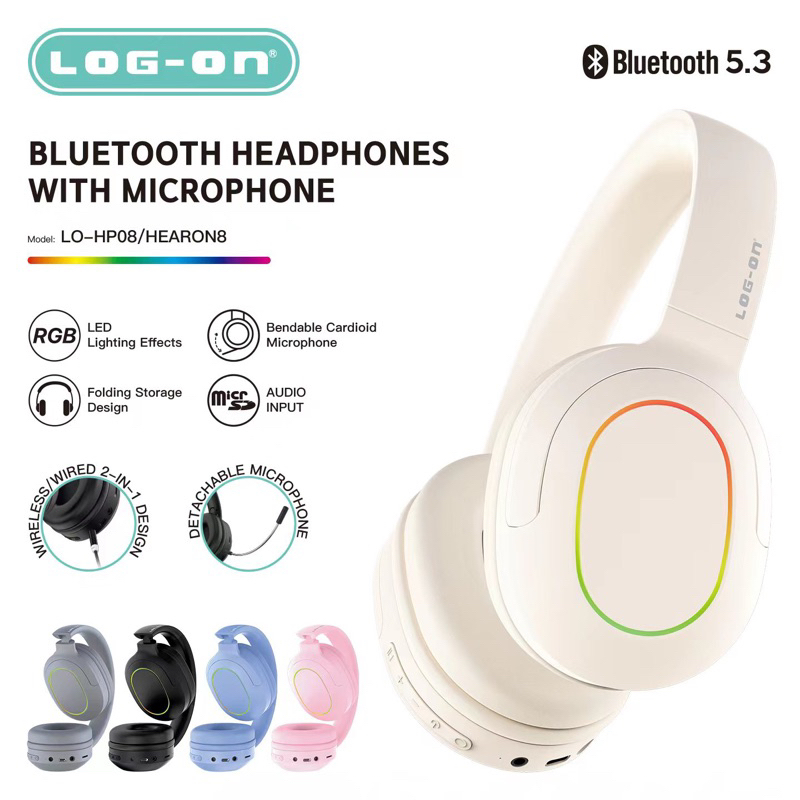 HEADSET HF EARPHONE BANDO GAMING LOG ON WIRELESS WITH MICROPHONE  LO-HP08 HEAR ON BT WIRED 2IN1