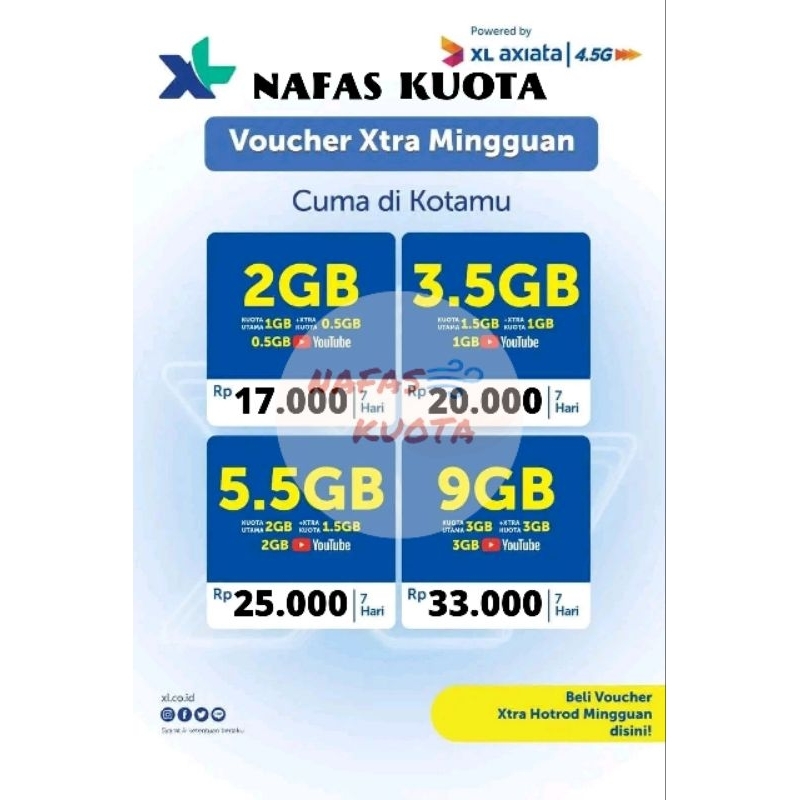 Jual Voucher XL kuota XL 2GB 3,5GB 5,5GB 9GB mingguan XL UNLIMITED