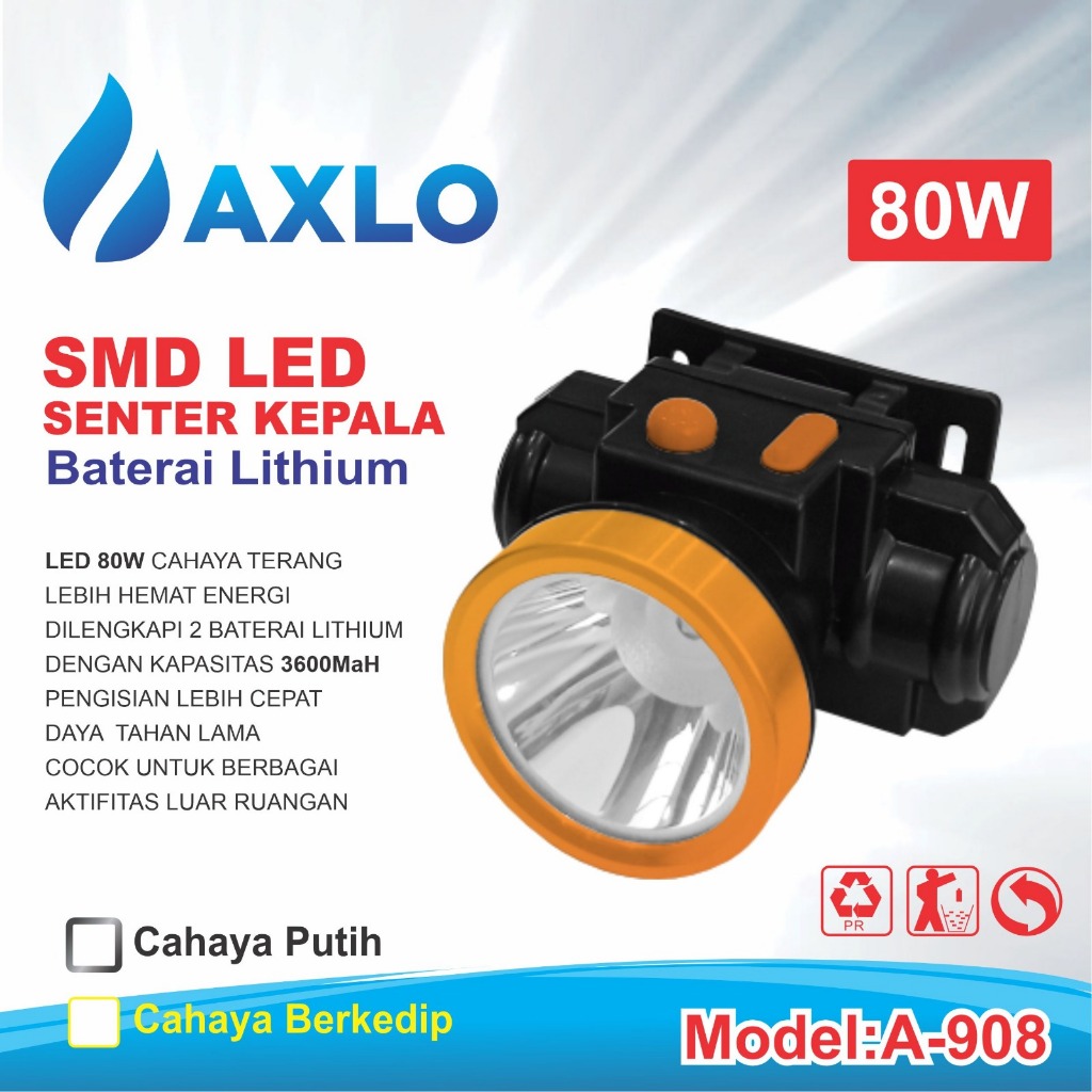 Jual Senter kepala AXLO 80w type A-908 cahaya Putih/ Senter bisa untuk ...