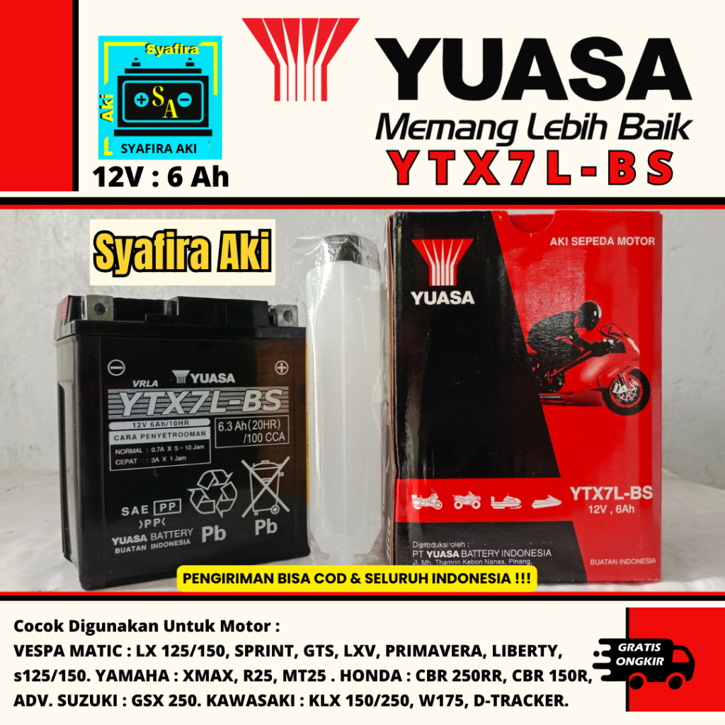 Jual AKI MOTOR YAMAHA R25, CBR 250RR, MT25, KLX 150/250 YTX7L-BS YUASA