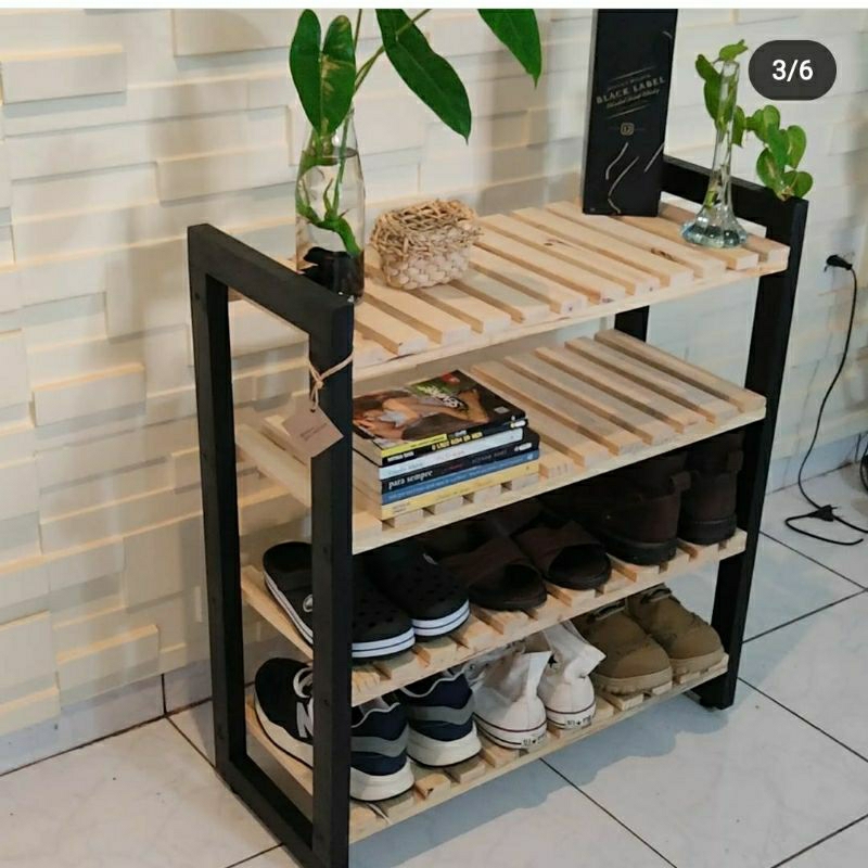 Jual Rak sepatu susun 4 kayu alas kaki sandal bunga buku | Shopee Indonesia