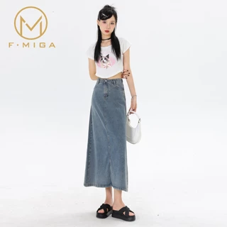 F·MIGA C46 High Waist Denim Rok Jeans Midi Wanita