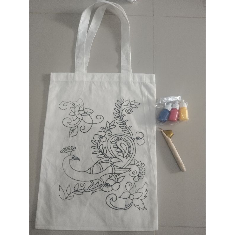 Jual Paket Batik dan Lukis Tote Bag Lengkap / Membatik Tas Blacu