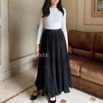 LAVEE Nami Skirt Rok Plisket Suede Panjang Rok Wanita Ruffle 2 Susun Long Pleated Maxi Skirt