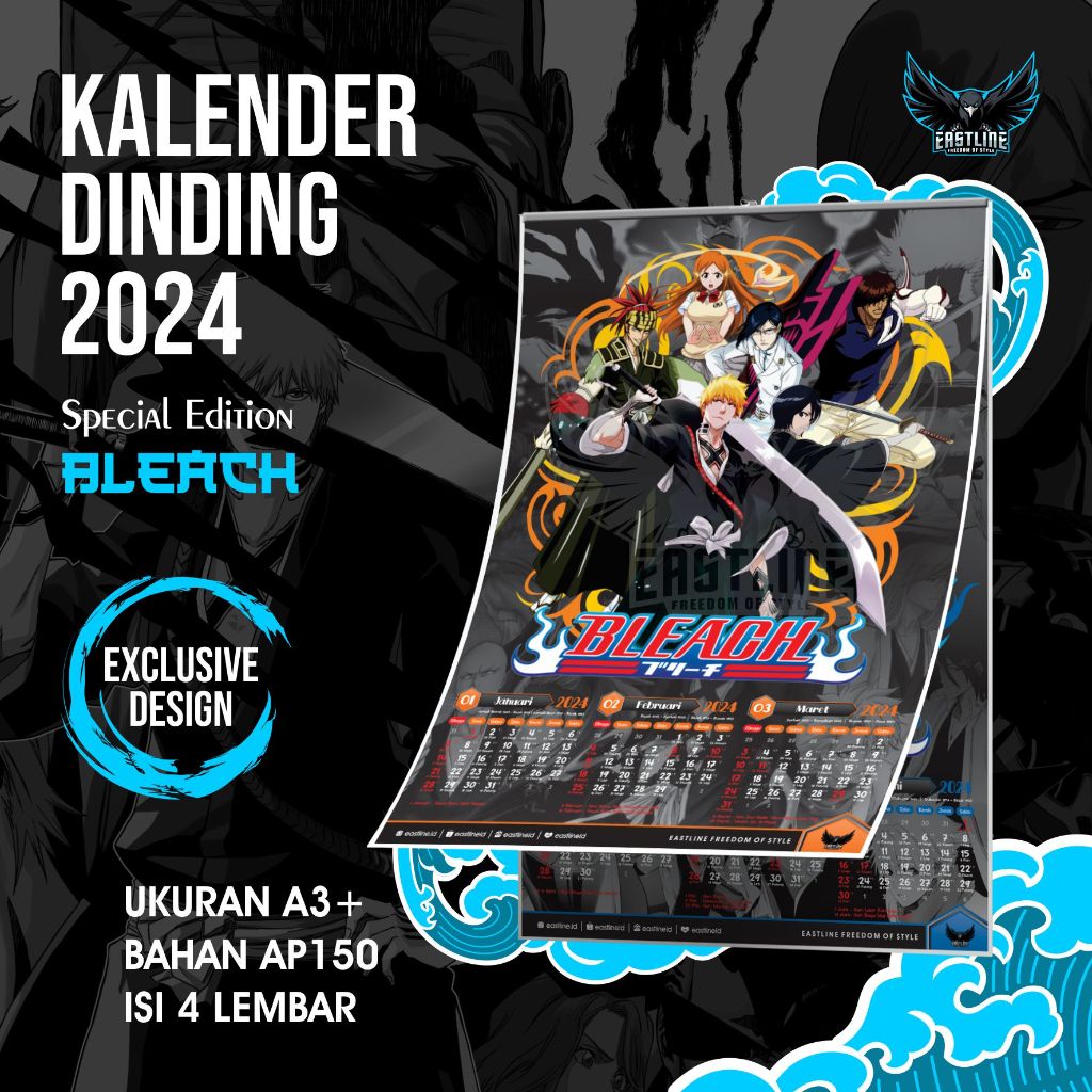 Jual Kalender Dinding Wall Calender Anime Bleach 2024 Isi 4 Lembar