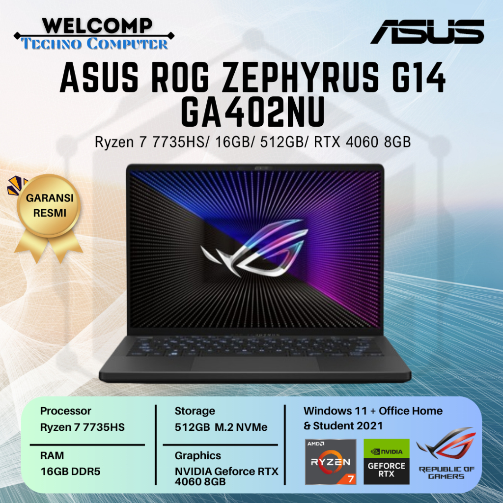 Jual Laptop Gaming Asus Rog Zephyrus G14 GA402NU RYZEN 77735HS/ 16GB