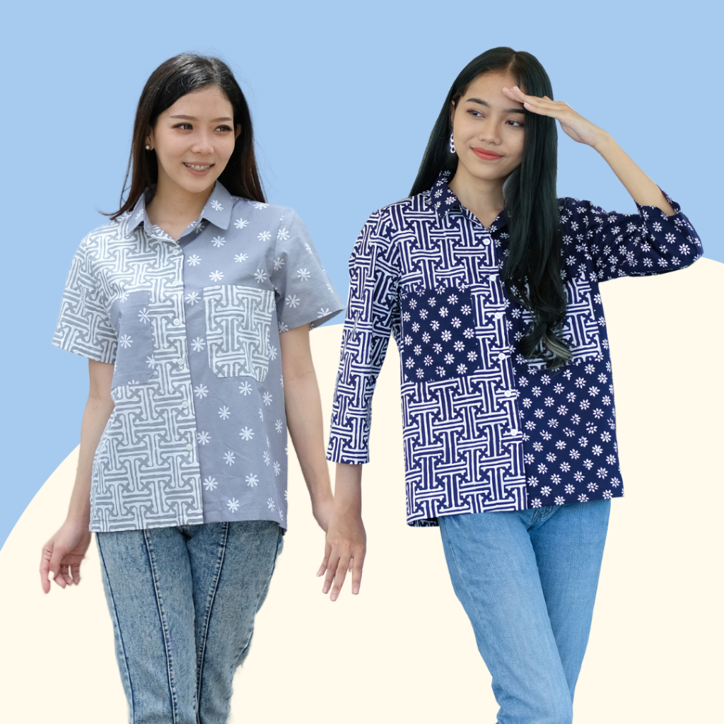 JOGJACART BATIK - PEPPY Baju Atasan-Batik Wanita Kerja Modern Lengan Pendek Panjang Tosca Navy Pink