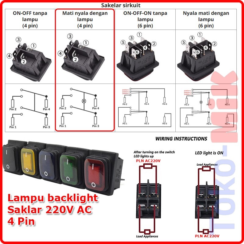 Jual KCD4-201 4P Saklar Power ON OFF Waterproof Tahan air Lampu Light ...