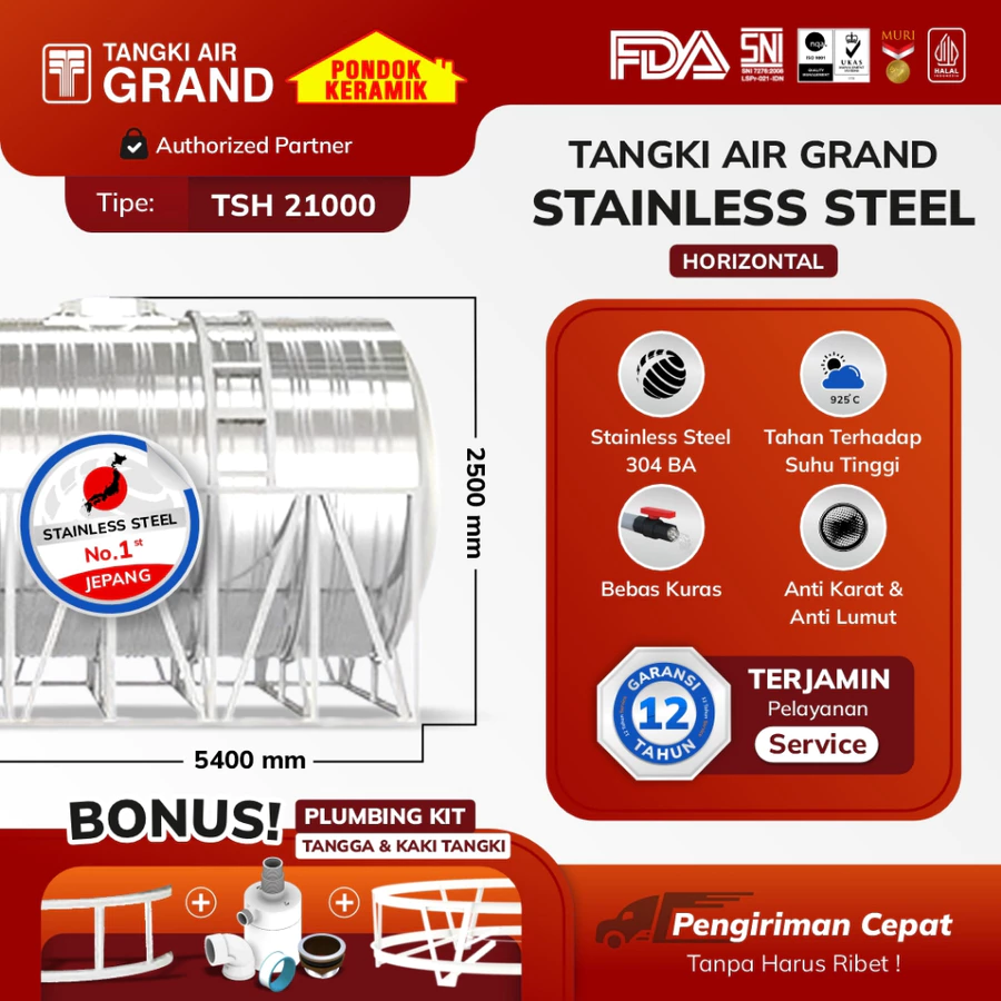 Toren Tangki Air Tandon Stainless Horizontal Tedmond Grand TSH 21000 Anti Lumut & Sertifikasi Halal Pertama di Indonesia Garansi 12 Tahun