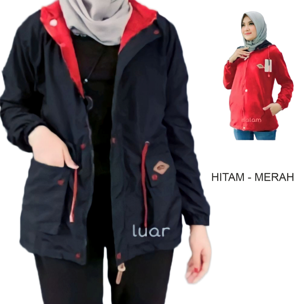 Jual Jaket Bb Parka 2in1 Wanita Hitam Merah Ukuran L XL XXL