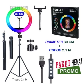 SMARTCOM Paket Lampu Ring Light RGB Tripod 2 1 Meter Phone Holder Ukuran 26cm 30cm 33cm 36cm