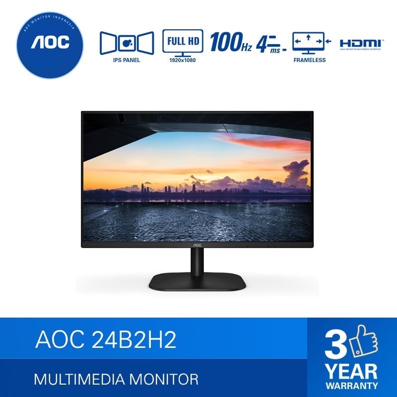 Jual AOC 24B2H2 Ultra Slim 24 Inch Monitor FHD IPS 100Hz 4ms HDMI