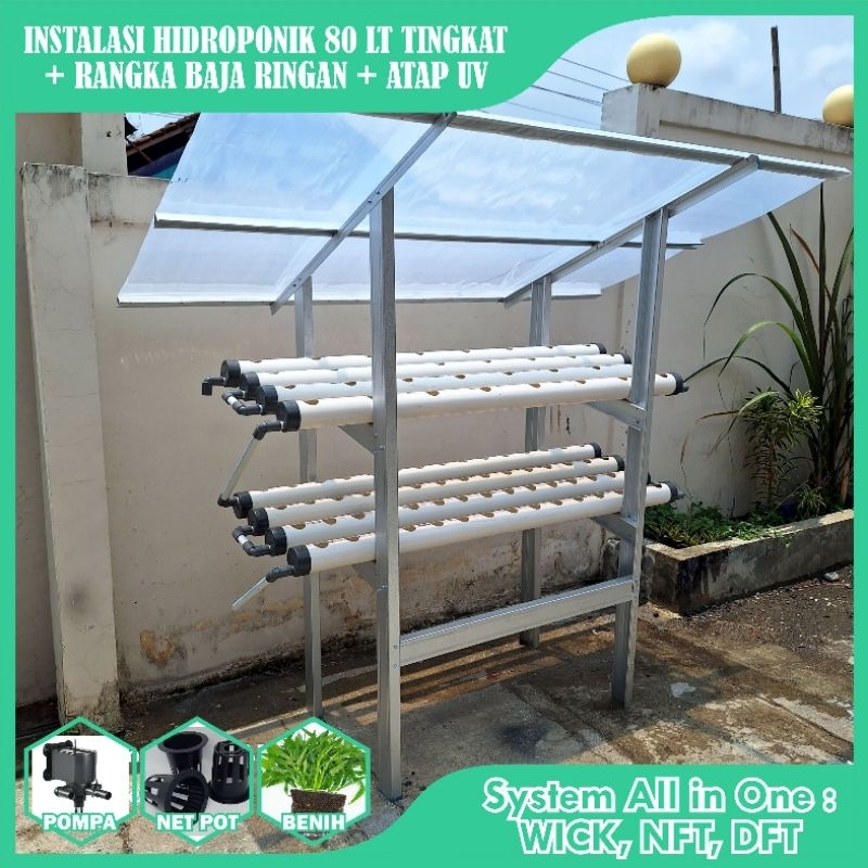 Instalasi Hidroponik 80LT Tingkat + Atap UV + Pompa + Netpot + Benih