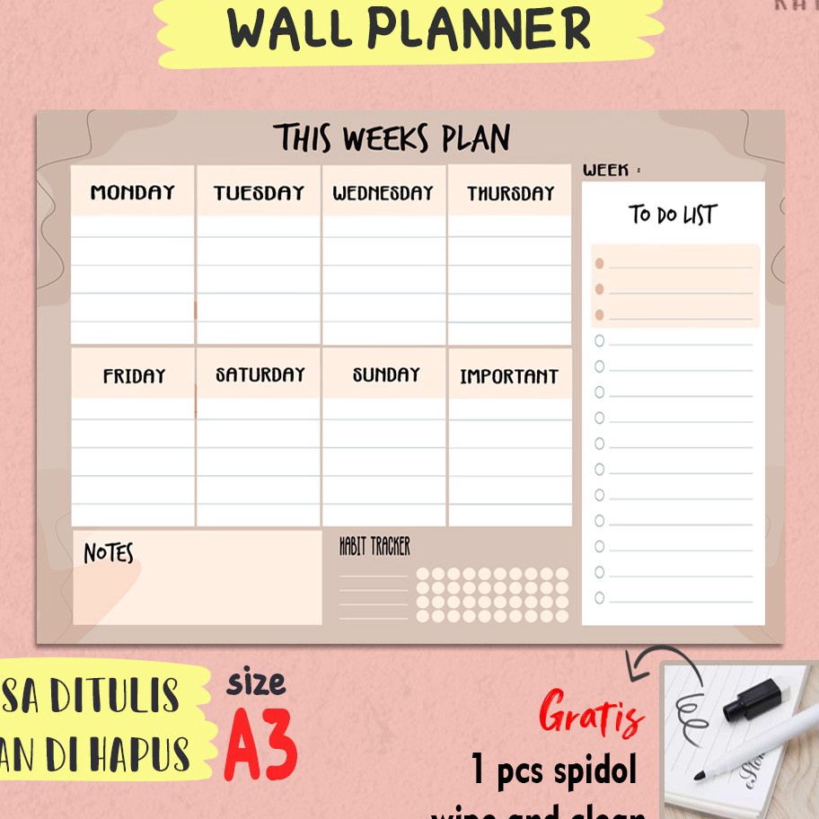 Jual Stock Banyak Weekly Planner wall Week Plan with Habit Trackernotes ...