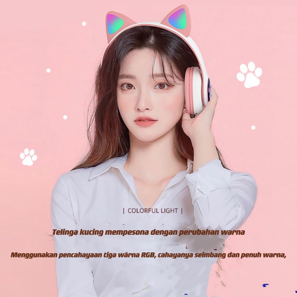 Jual COD Headphone Macaron LED Color Light Cute Cat Ear Headphone with