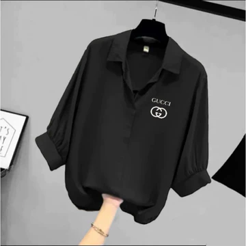 Blouse Wanita Leher V Logo Samping Kemeja Wanita V Korean Style Baju Wanita Lengan Balon 3 4