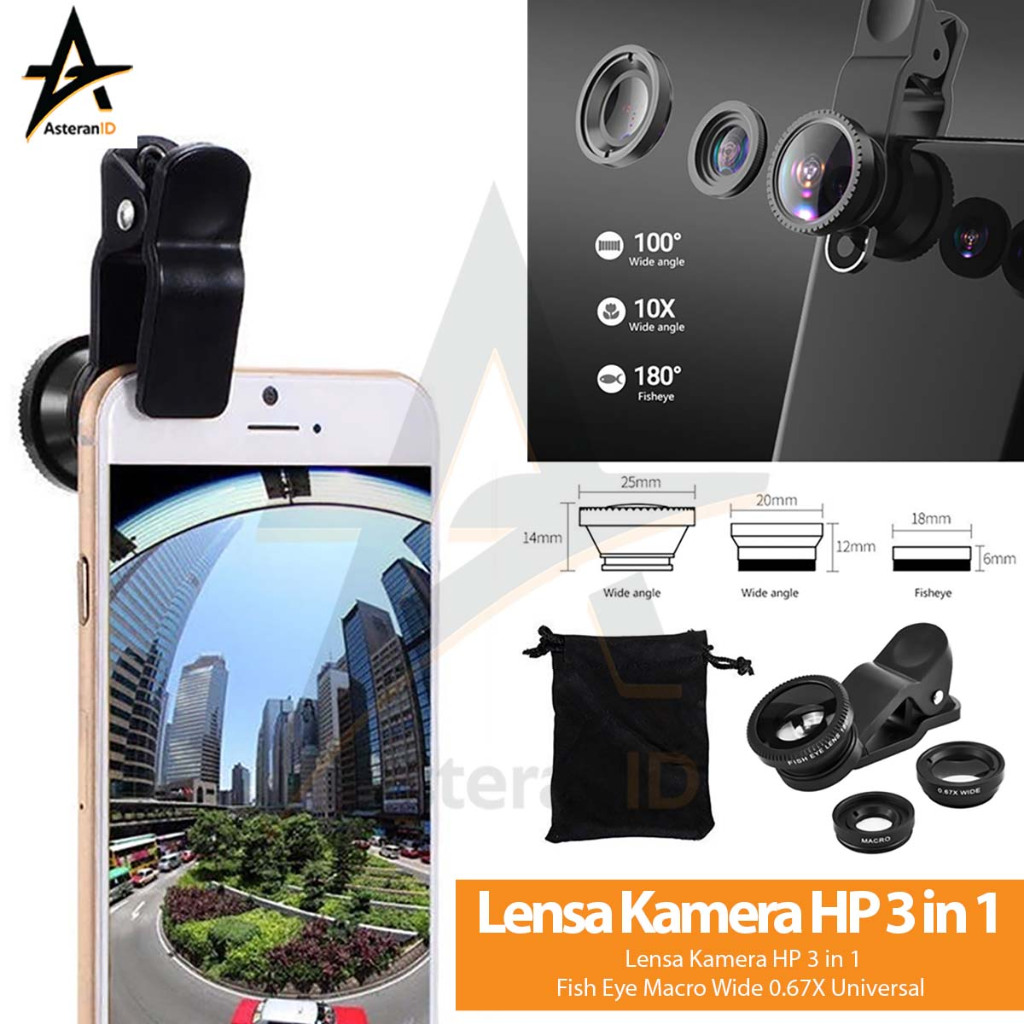 Jual Lensa Kamera HP 3 in 1 Fish Eye Macro Wide 0.67X Universal ...