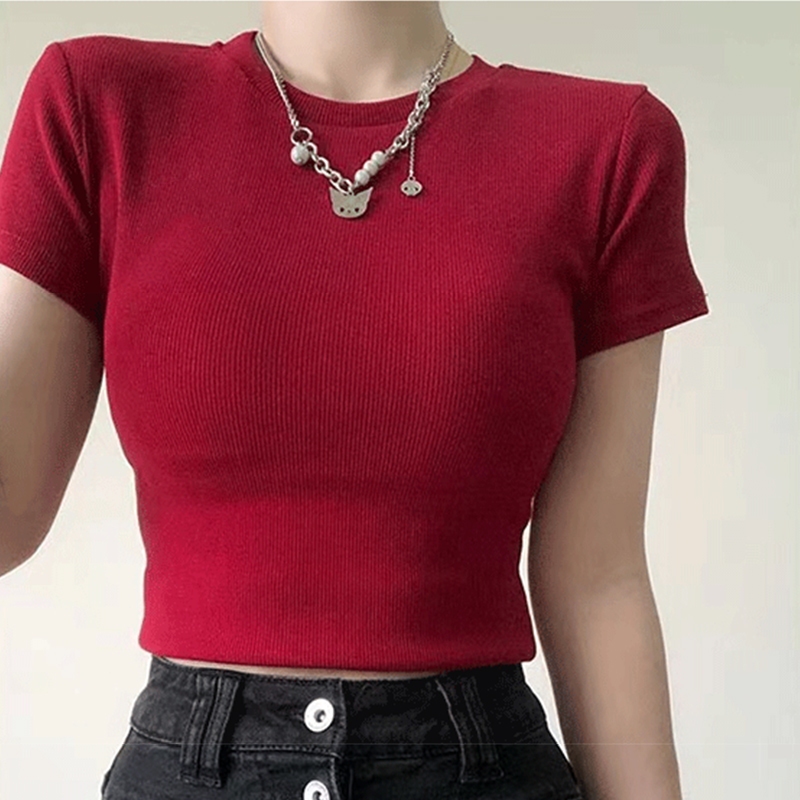 Jual BTAT Atasan pendek merah elastisitas dasar gaya Korea Wanita/kaos ...